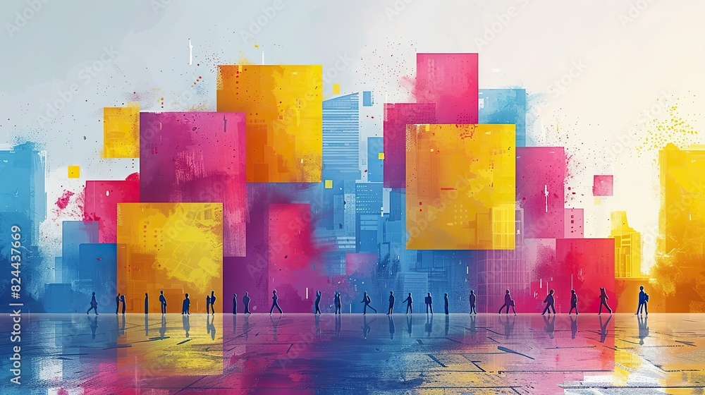 Poster a drawing of people building a structure together, symbolizing creating infrastructure through teamw