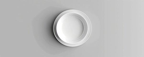 A white plate in 3D, viewed from the top, rests on a light grey background in isolation