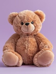 Soft beige teddy bear sits cutely in lavender background, showing a cute expression