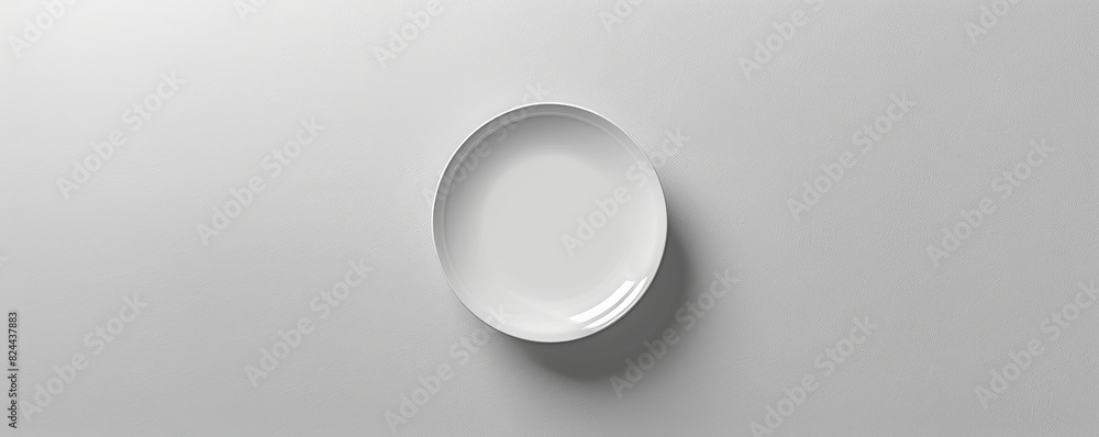 Poster a white plate is shown in a simple 3d render from a top view against an isolated light grey backgrou