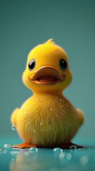 A close-up of a playful 3D rendered yellow rubber duck on an isolated bright green background