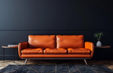 Black wall background with a modern interior design of a living room with an orange leather sofa