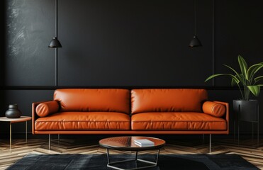 Black wall background with a modern interior design of a living room with an orange leather sofa