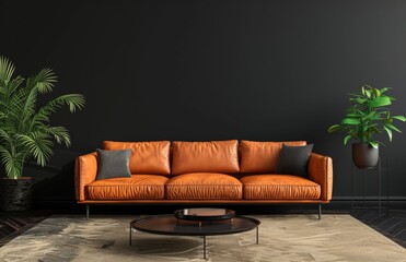 Black wall background with a modern interior design of a living room with an orange leather sofa