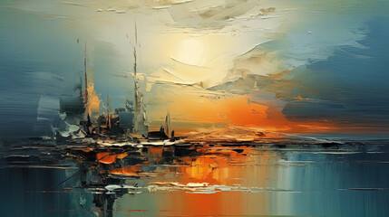 A Contemporary Oil Painting on Canvas with a Brown and Orange Background In The Style of Dark Sky-Blue and Light Aquamarine Landscape