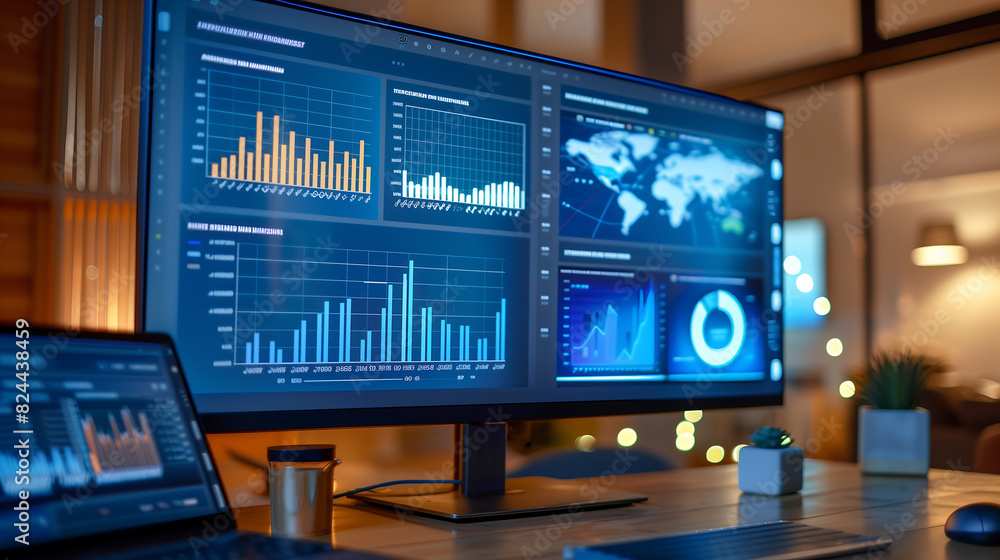 Aufkleber large monitor is displaying data and graphs on the screen soft light office setting at night, digita