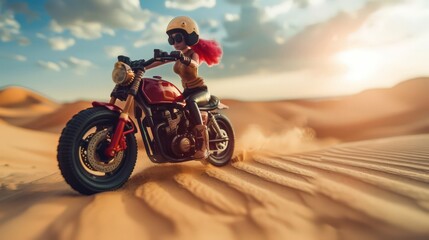 With the desert sands stretching out before her, the cheerful doll revs her motorcycle engine with excitement, eager to explore the untamed beauty of the arid landscape that surrounds her.