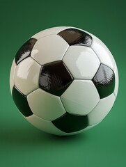 Glossy 3D rendered soccer ball on an isolated green background with a spotlight effect