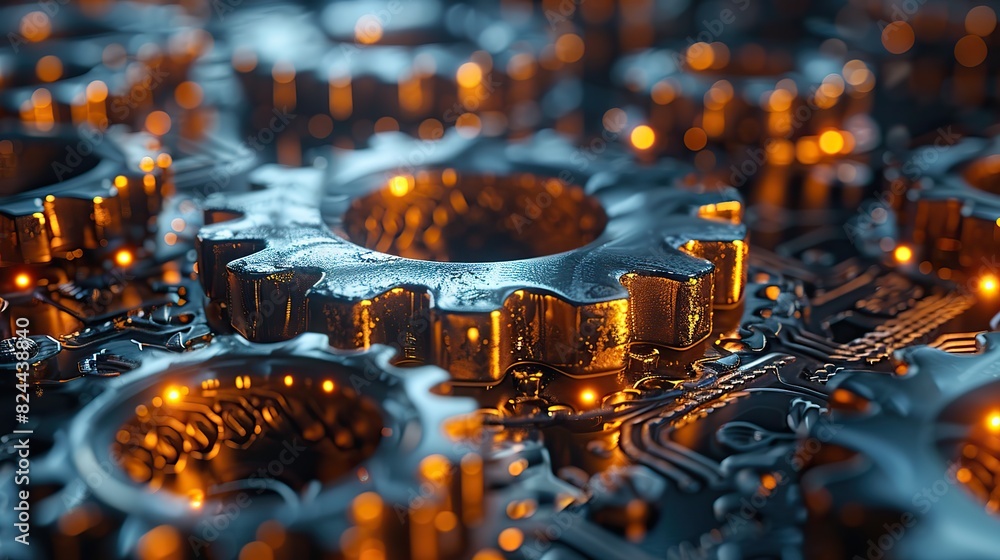 Poster an abstract depiction of gears turning together, symbolizing synchronized effort. stock image