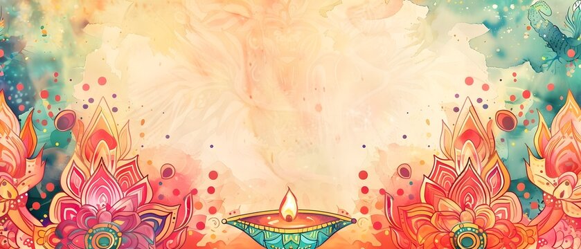 Mesmerizing Diwali Doodle Border Design with Ethereal Watercolor Elements and Ample Blank Space for Copy