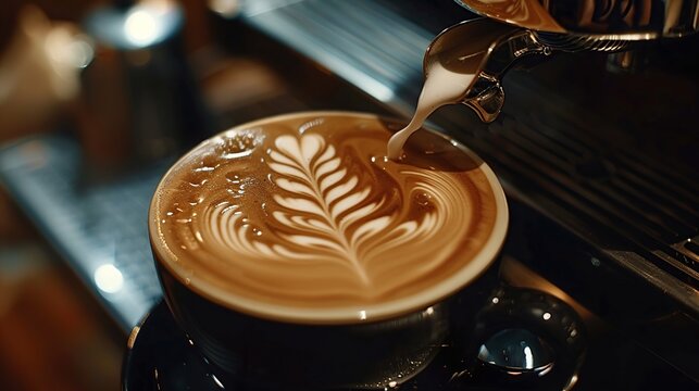 Caf&eacute; latte art in a coffee shop, a macro shot a barista making a cappuccino with milk. Generative Ai