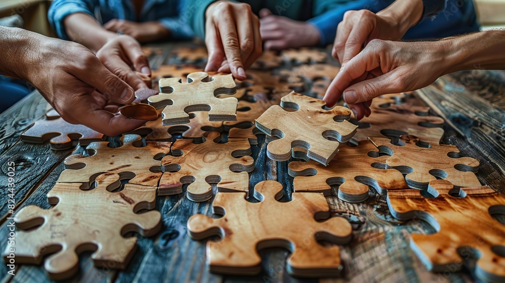 Poster an image of hands assembling a complex puzzle, representing teamwork in problem-solving. photo
