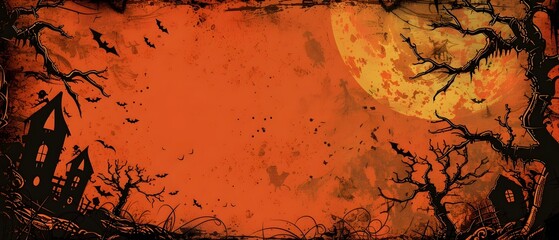 Haunting Doodle Page Border Design with Ghostly Cottages Skeletal Trees and Swirling Bats Casting Ominous Shadows on a Glowing Orange and Inky Black