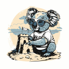 T-shirt hand drawn illustration, Koala on holiday at the beach building a castle