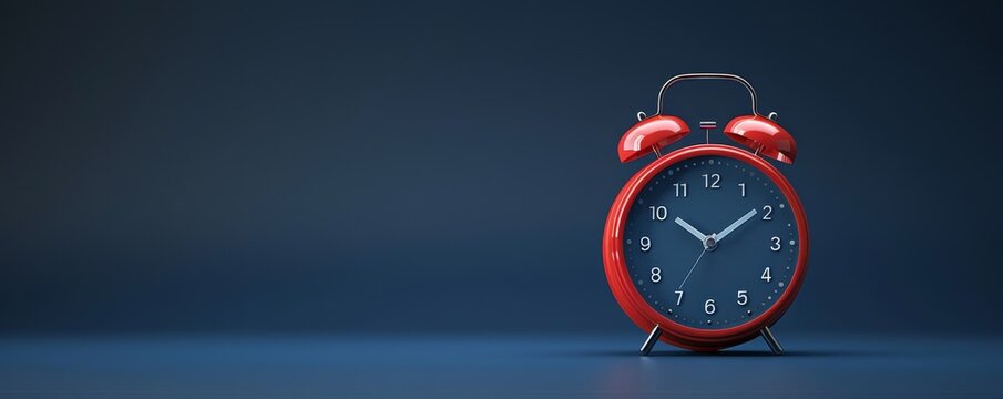 A classic alarm clock in red is isolated on a navy blue background, with bells on top and ticking hands visible