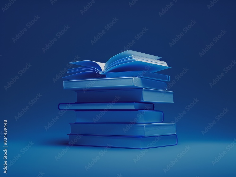 Poster a stack of books, one open with luminous pages, set against a dark blue backdrop with room for text 