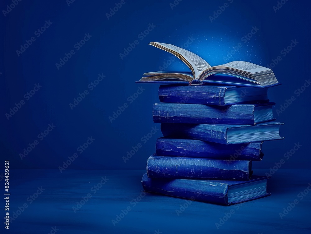 Aufkleber 3d rendering of a stack of books, one open with glowing pages, dark blue background with space for t