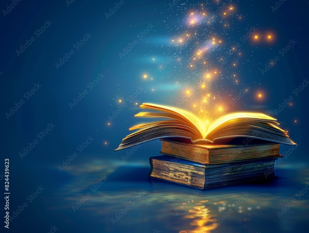 Aufkleber an open book with glowing pages rests on a stack of books against a dark blue backdrop, leaving room