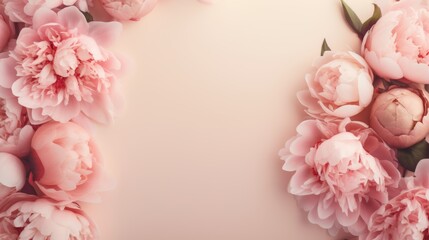 Summer blossoming delicate peony frame, blooming peonies flowers festive background, pastel and soft floral card, selective focus, toned