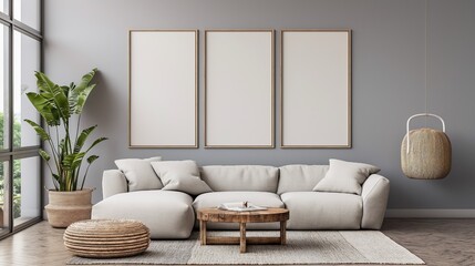 Poster mockup with vertical frames on an empty wall in the living room interior.