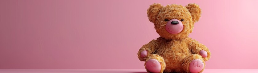 A fluffy plush teddy bear, with a 3D-rendered texture, sits on a soft pink isolated background