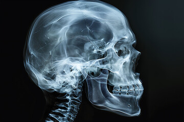 X-ray image showcasing a human skull, detailed view of cranial structure in a dark background