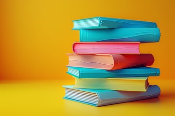 3D rendered stack of colorful books, side view on isolated yellow background