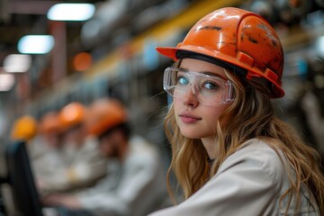 A woman wearing protective goggles is watching an electric screen