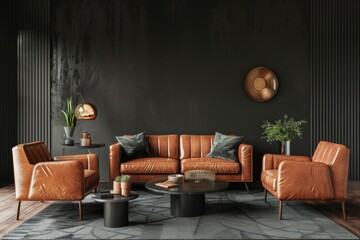 Dark gray wall background, living room interior design with brown leather sofa and armchairs