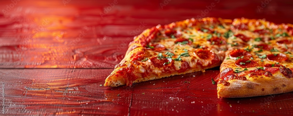 Poster a realistic 3d slice of pizza with delicious toppings on a red checkered background is beautifully r
