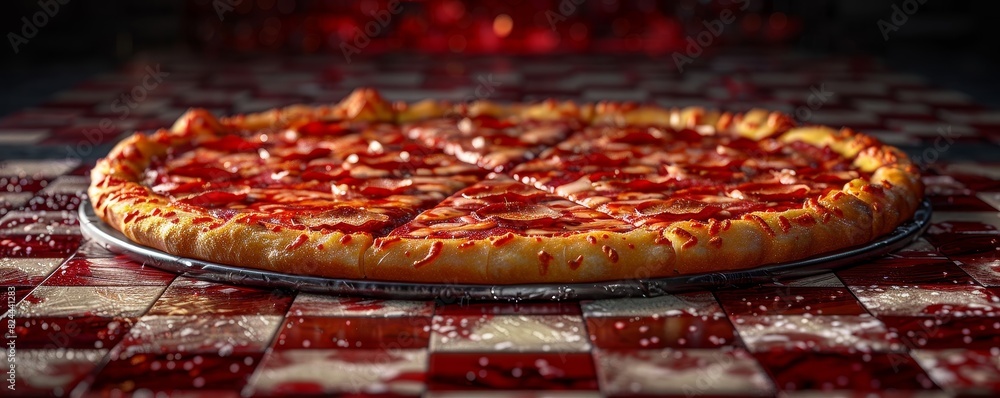 Poster a detailed 3d slice of pizza with authentic toppings sits on a vibrant isolated red checkered backdr