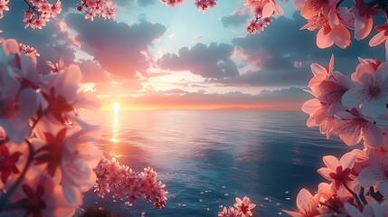 Nature Background, Ocean Sunrise with Spring Blossoms: A stunning view of the ocean at sunrise, with pink and white spring blossoms framing the scene, as the first light of day touches the water.