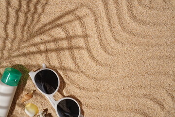 Summer Background Concept, Palm Leaf Shadows on the Sand