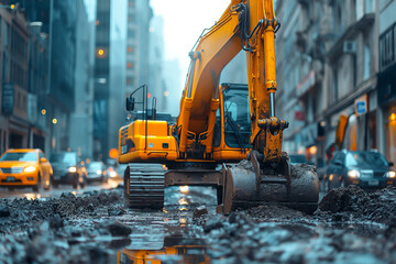 Excavating machine at work. Heavy machinery for earth moving and construction site development, ai...