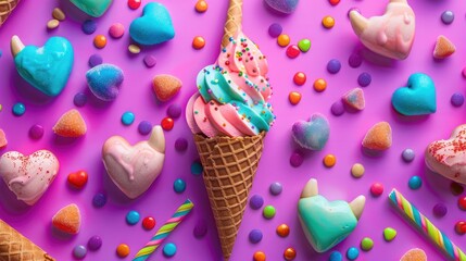 Ice cream cone heart shaped candies and horns arranged in a flat lay view Concept of love and Valentine s Day with a background of vibrant ultraviolet colors for a summer party or birthday 