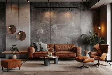 3D rendering of a modern interior design with a gray concrete wall, brown leather sofa and armchair in the living room background
