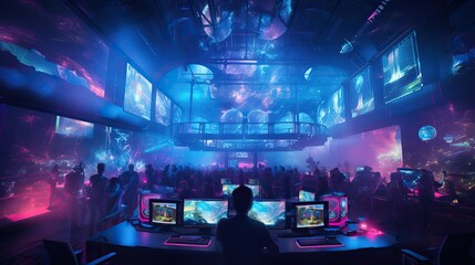 Online sports and gaming community, with game operator audience and blue light in the background