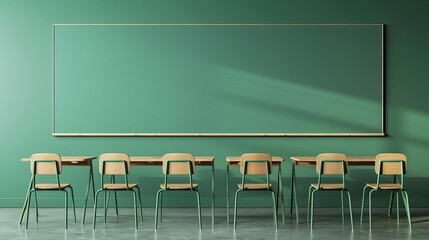 Green school board with space for writing, modern classroom, copy space, 3D sketch, monochromatic tones, sleek furniture design, minimalist aesthetic  super realistic photo