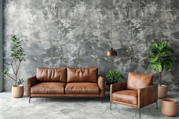 3D rendering of a modern interior design with a gray concrete wall, brown leather sofa and armchair in the living room background
