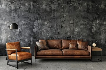 3D rendering of a modern interior design with a gray concrete wall, brown leather sofa and armchair in the living room background