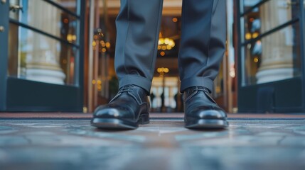 Obraz premium Closeup of a doorman shoes and the edge of his uniform, grand hotel entrance in the background, professional appearance and attention to detail, inviting atmosphere, professional photography ,8k ,UHD