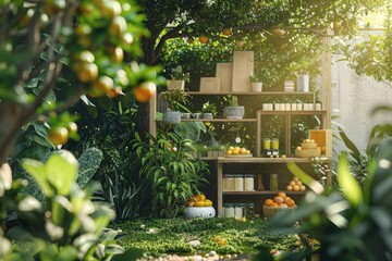 A small, wooden structure with a roof sits in a lush, green garden generated by AI