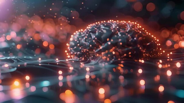 An abstract illustration of a human brain with glowing quantum computing circuitry extending from its neurons..