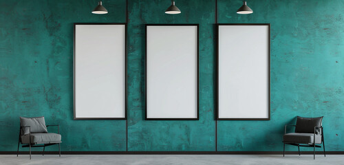 Three vertical frames mockup hanging on office wall, teal walls, modern concrete company interior, 3D rendering,