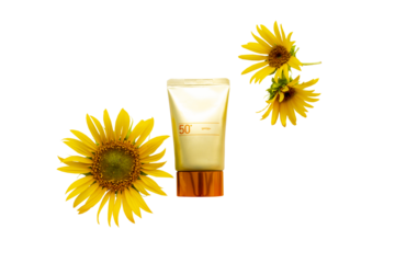 sunscreen spf50 for health care skin face of lifestyle woman relax with sunflowers 