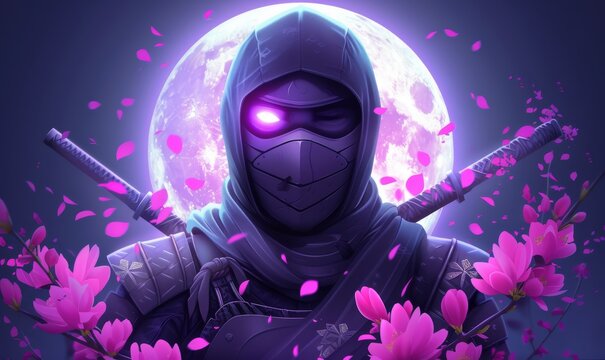 Portrait of a Ninja with Glowing Purple Eyes and Katanas with Full Moon and Pink Flowers