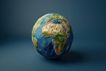 3D rendered glossy globe, continents detailed, on isolated navy blue background