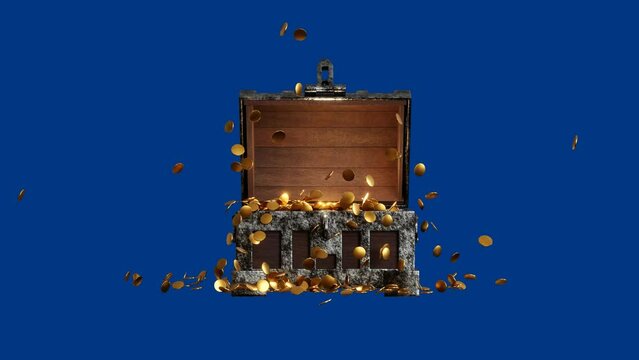 Open treasure chest box with flying gold coins old dirty metal edge front view on blue screen 3D rendering