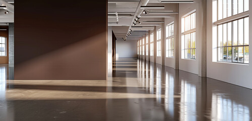 Spacious gallery hall with chocolate brown wall, glossy concrete floor, and bright windows. 3D rendering, mockup.