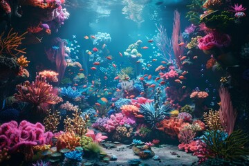 A colorful underwater scene with a variety of fish and plants generated by AI